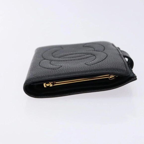 CHANEL Bifold Wallet Grained Calf Skin Black Gold CC Auth main image 4